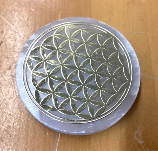 Selenite Plate with gold symbol 2 1/2” diameter