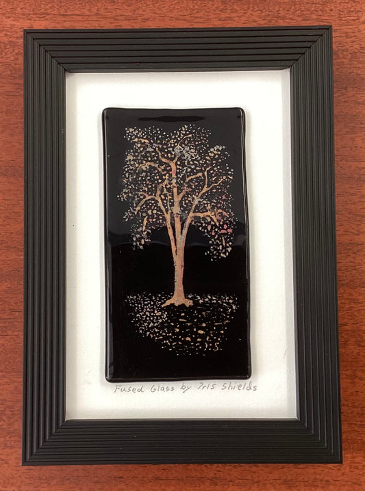 Mica fused Glass Tree Framed by Iris