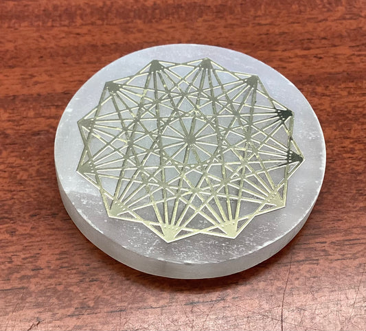 Selenite Plate with gold symbol 2 1/2” diameter