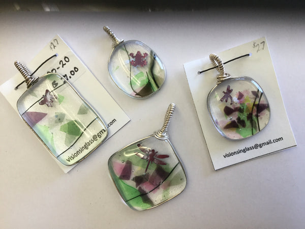 Wire wrapped fused glass pendants by Cheryl Olafson