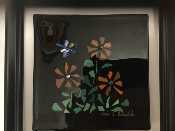 Fused glass art tiles framed by Iris Shields