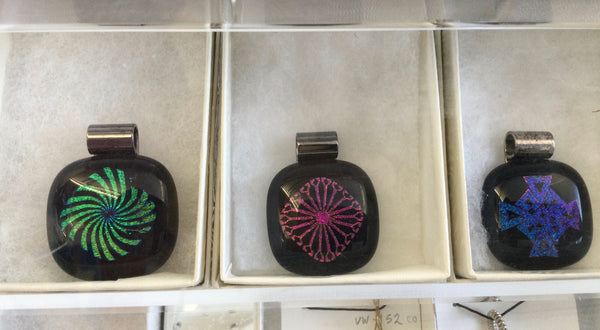 Dichroic wheel fused glass pendants