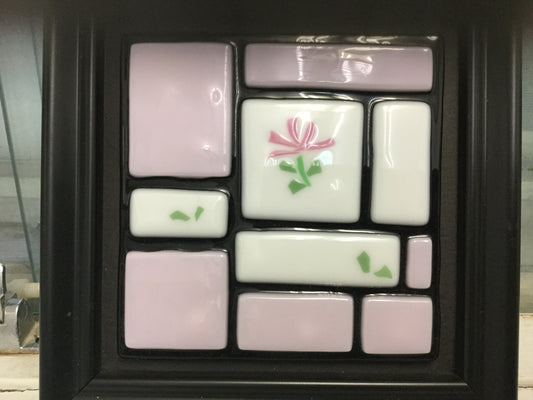 Fused glass art tiles framed by Iris Shields