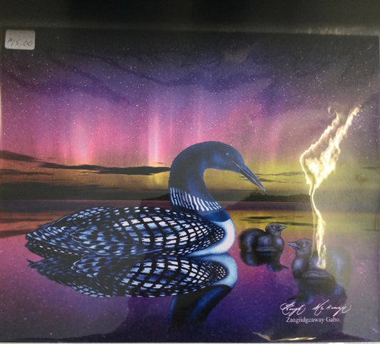 Mother loon two loonlets on lake 8”x10”