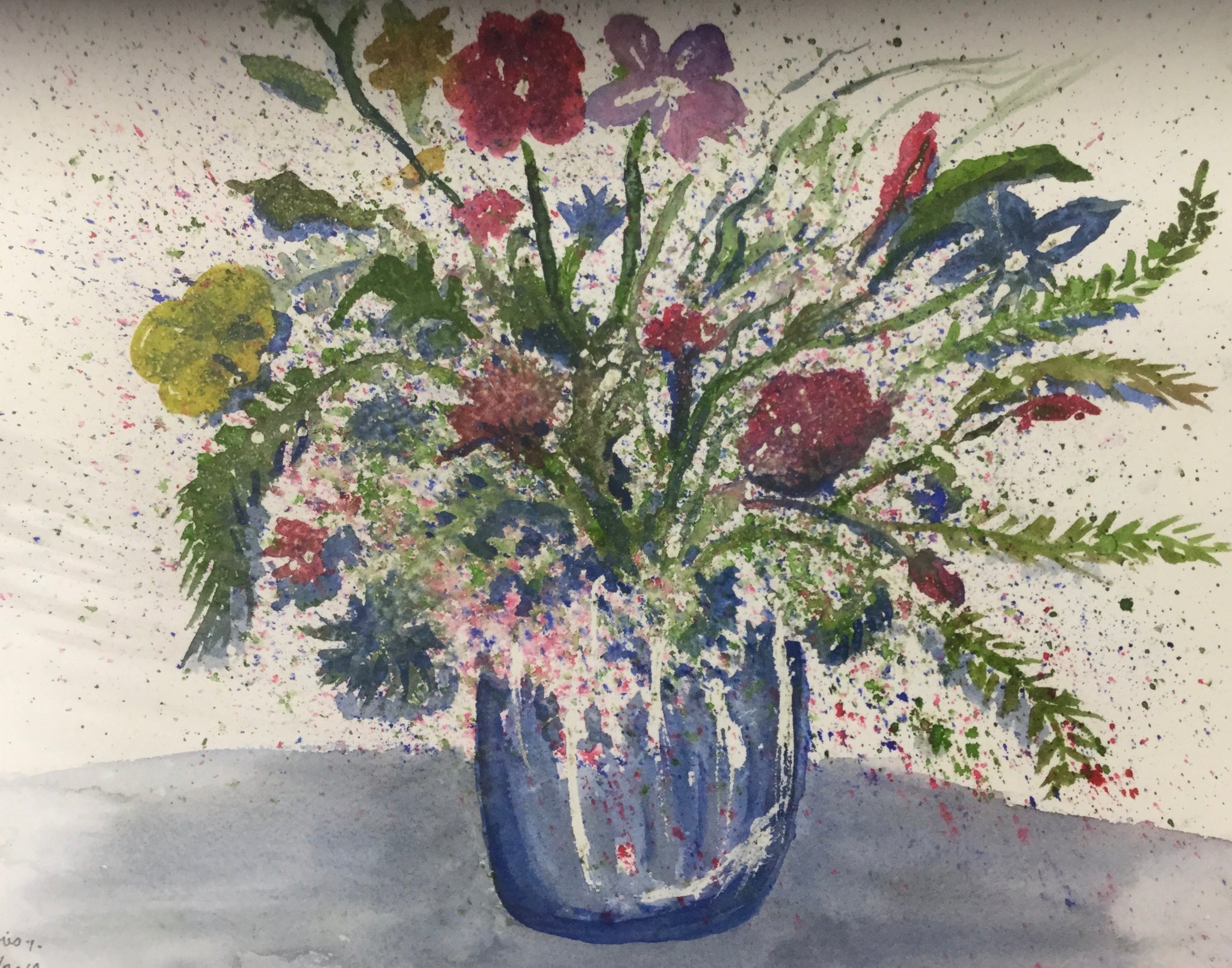 Blue vase and flower painting by J. Doris